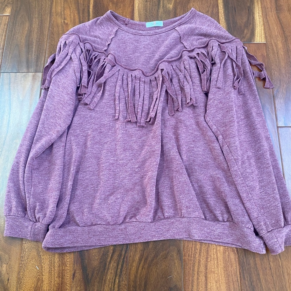 Distressed Maroon Fringe Long Sleeve Top. Size Medium